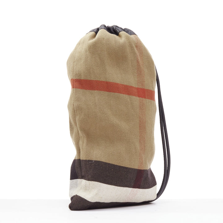 BURBERRY Hous eCheck brown jute cotton black leather trim sling backpack