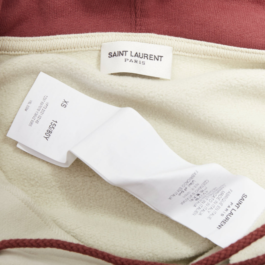 SAINT LAURENT 2022 taupe red logo applique drawstring crop hoodie XS