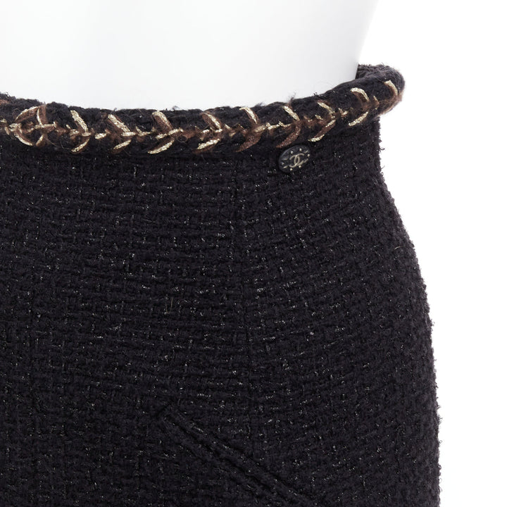 CHANEL 18K black cotton tweed brown gold braided trim tweed skirt FR34 XS