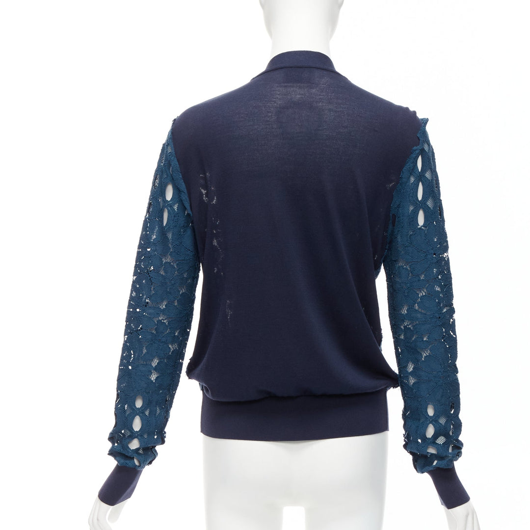 LANVIN 2015 blue silk cotton floral lace sheer long sleeve V neck cardigan S