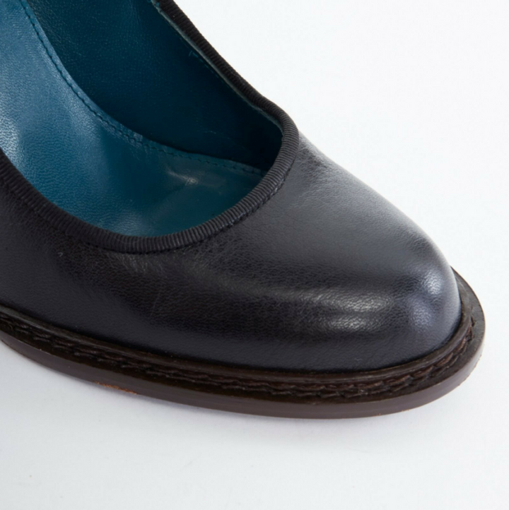 ANNE VALERIE HASH black leather round toe stacked chunky heel shoes EU37 US7 UK4