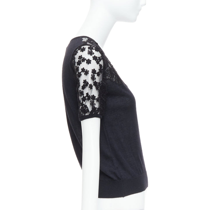 GIAMBATTISTA VALLI black cashmere silk floral sheer lace panel sweater IT38 XS