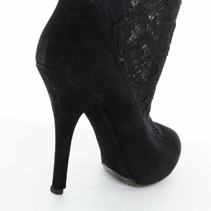 DOLCE GABBANA black floral lace mesh sock suede pump design short bootie EU39