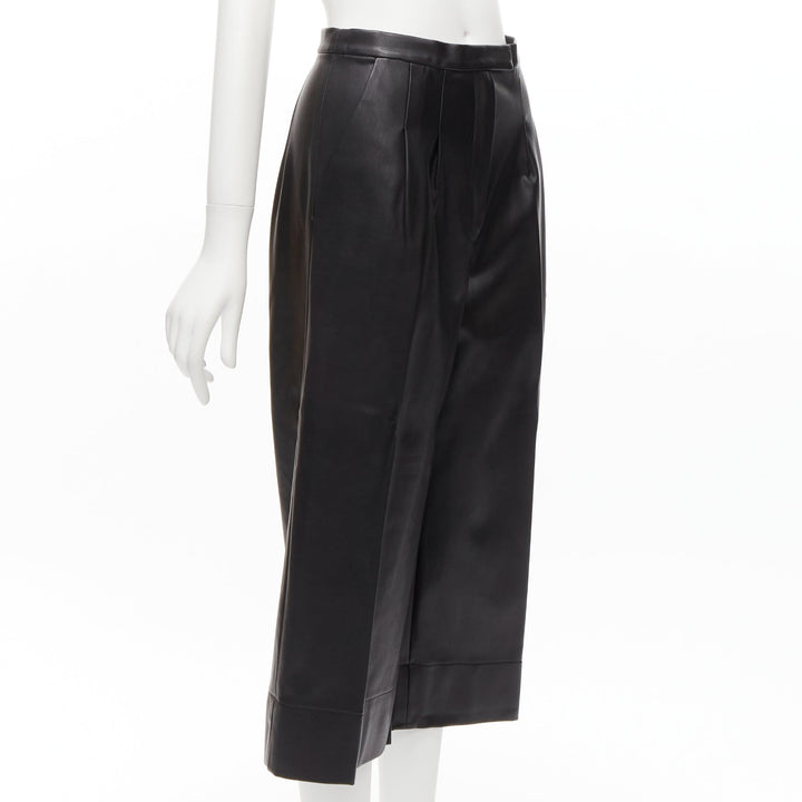 HEIDI MERRICK black leather pleated front high waist cropped culotte pants US2 S