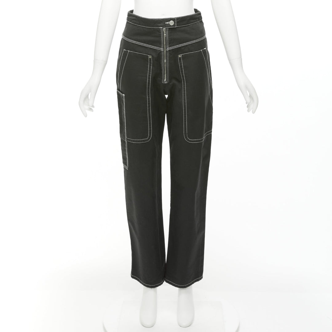 ISABEL MARANT black white cotton topstitch pocketed carpenter pants FR36 S