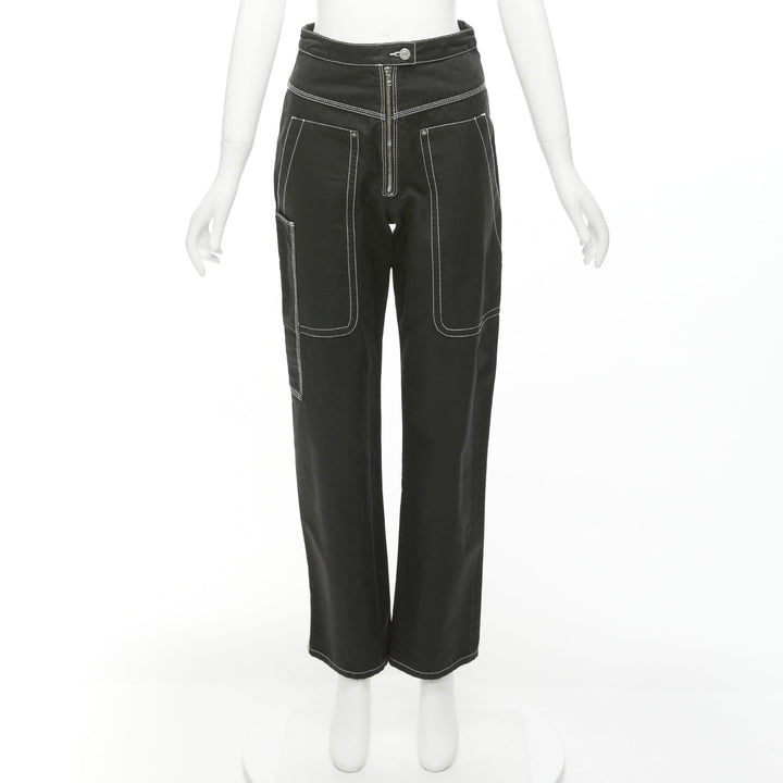 ISABEL MARANT black white cotton topstitch pocketed carpenter pants FR36 S