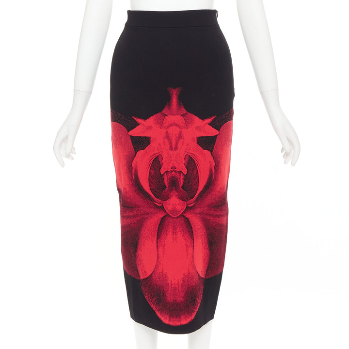 ALEXANDER MCQUEEN 2023 Ethereal Orchid black red floral jacquard pencil skirt S