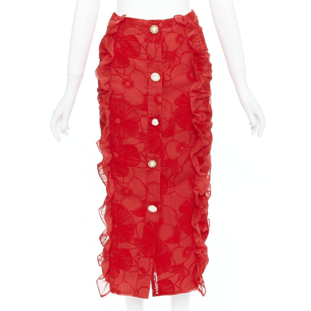 MOTHER OF PEARL LONDON red velvet sheer ruffle button pencil skirt UK6 XS