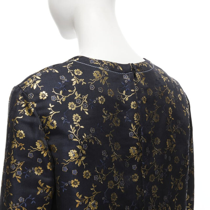MARNI 2019 black gold blue floral jacquard cuffed sleeve trapeze dress IT40 S