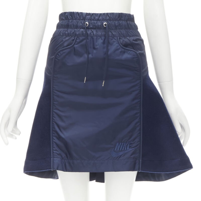 SACAI NIKE navy blue nylon wool kick flared back skirt S