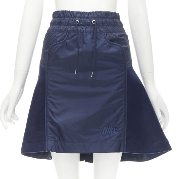 SACAI NIKE navy blue nylon wool kick flared back skirt S