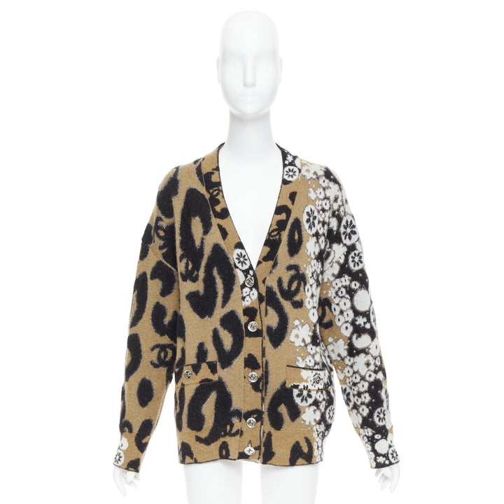 CHANEL A23 Runway brown black CC logo cashmere mohair cardigan FR40 L