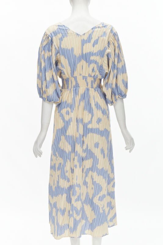 DIANE VON FURSTENBERG beige blue print lattice embroidery puff sleeve dress US8