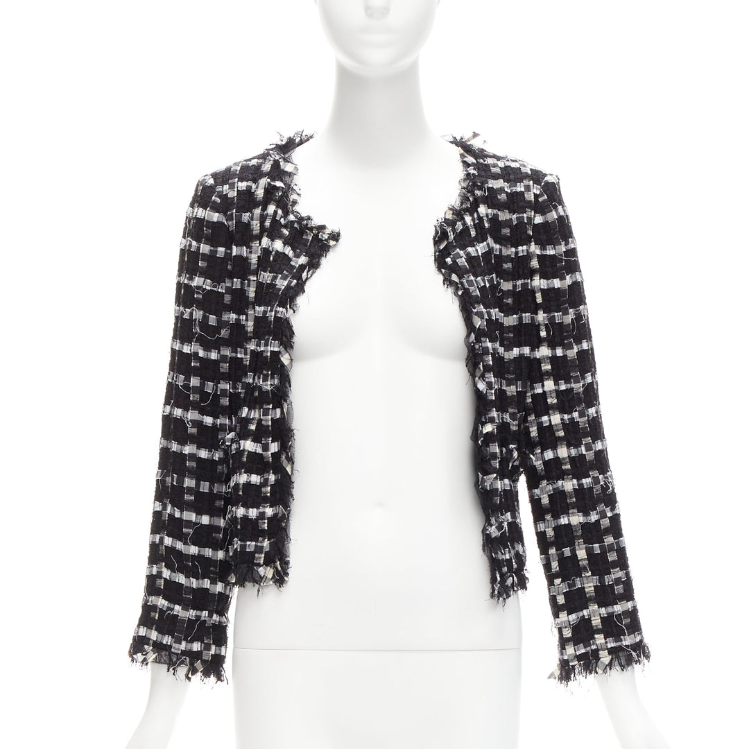 CHANEL black white raw frayed check tweed gripoix buttons cropped jacket FR40 L