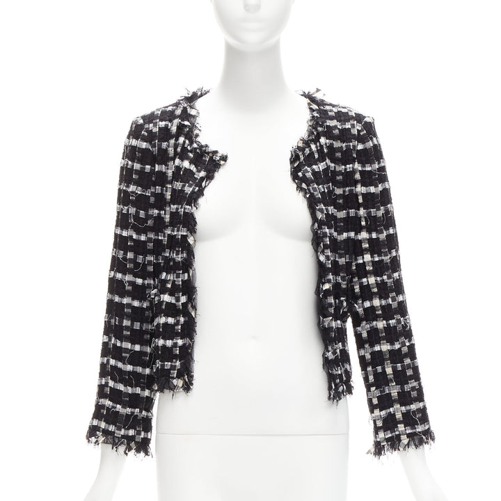 CHANEL black white raw frayed check tweed gripoix buttons cropped jacket FR40 L