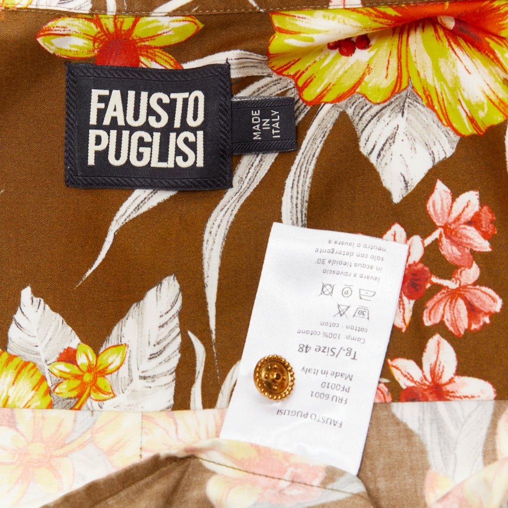 FAUSTO PUGLISI yellow tropical floral print cotton gold button shirt EU48 M