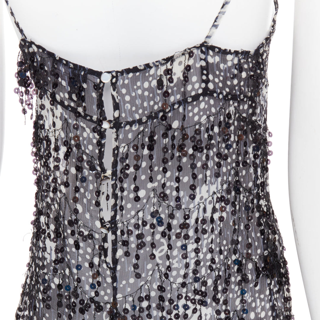 CHANEL 02A black grey sequin fringe applique sheer camisole FR38 M