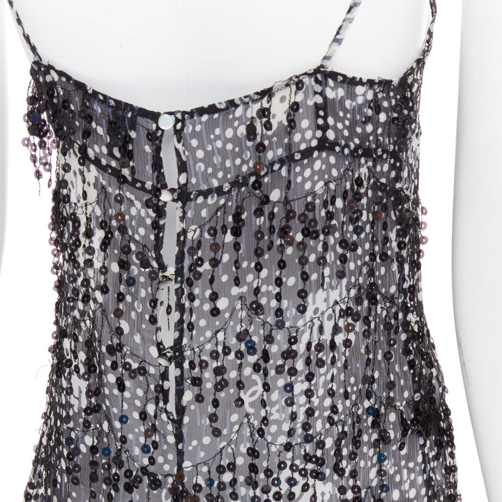 CHANEL 02A black grey sequin fringe applique sheer camisole FR38 M