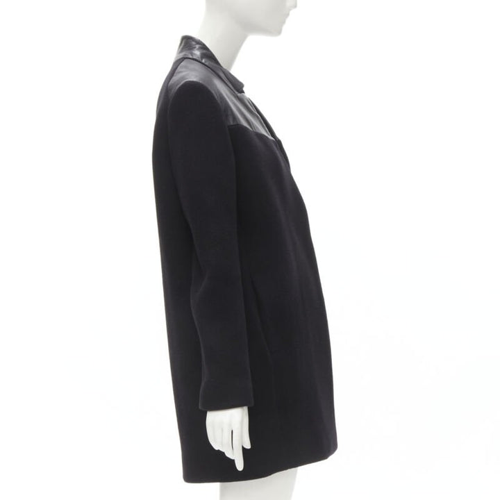 MAJE Sirop black calfskin leather trim wool collarless coat US2 S