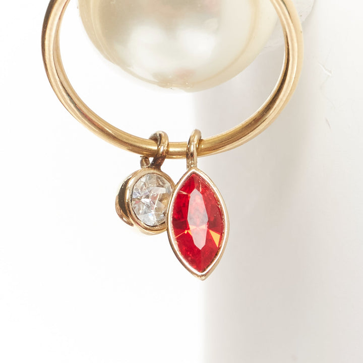 DIOR Tribale double pearl red clear crystal droplets hoop stud earrings pair