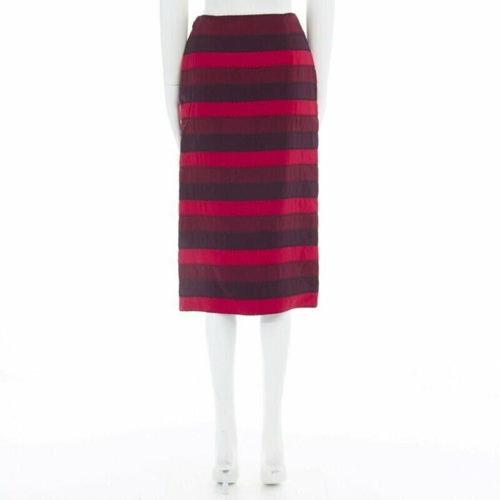 MARY KATRANTZOU red purple stripe ribbon overstitched fitted midi skirt UK8 26"