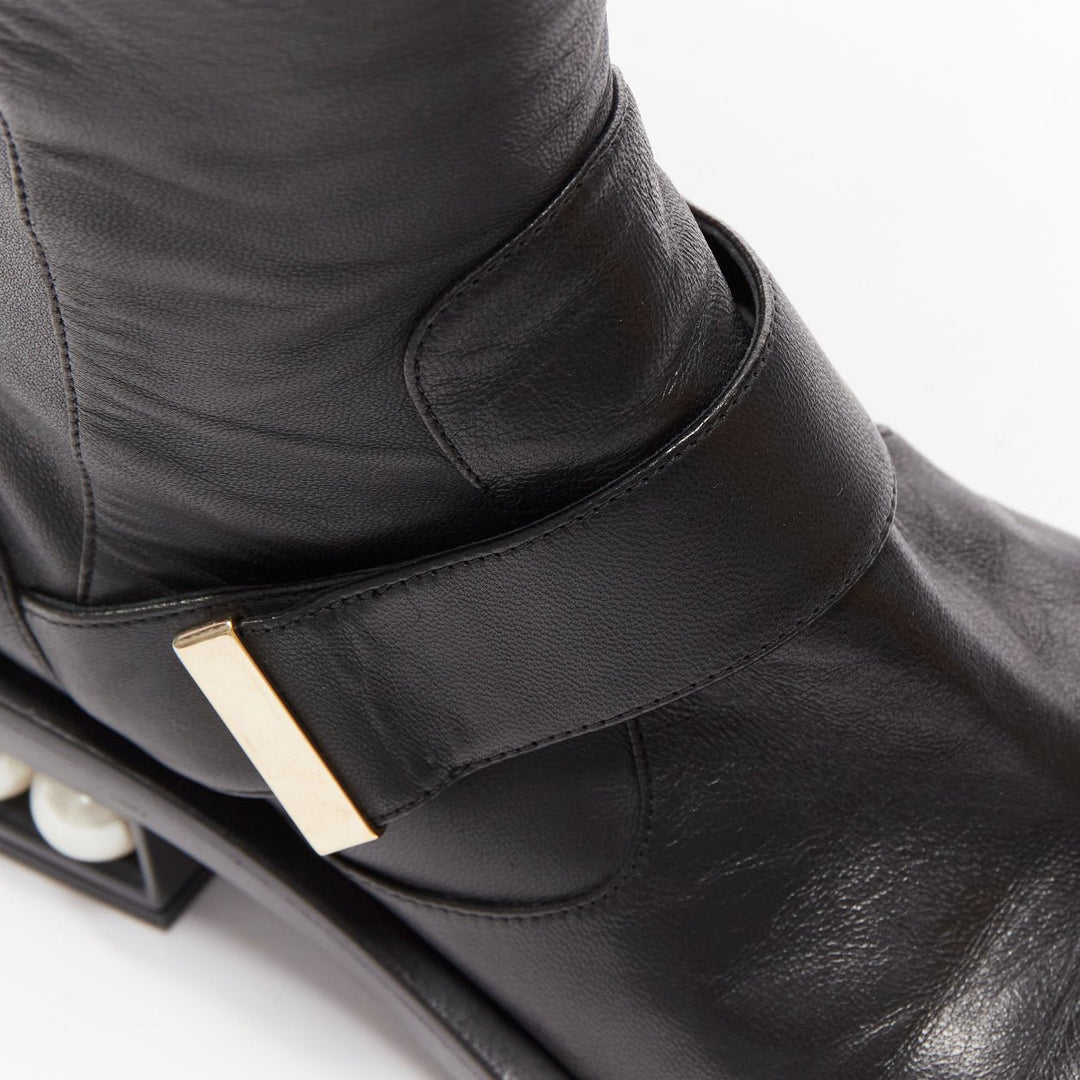 NICOLAS KIRKWOOD black XL pearl embellished heel knee high flat boots EU37.5