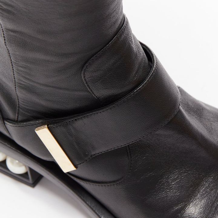 NICOLAS KIRKWOOD black XL pearl embellished heel knee high flat boots EU37.5