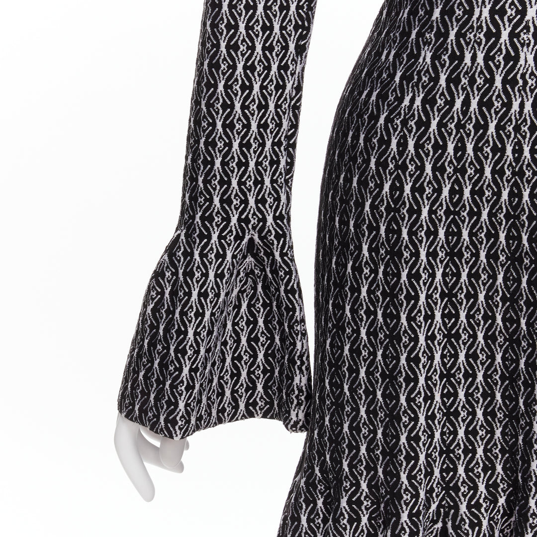 ALAIA black white wool jacquard square neck flared hem cocktail dress FR38 M
