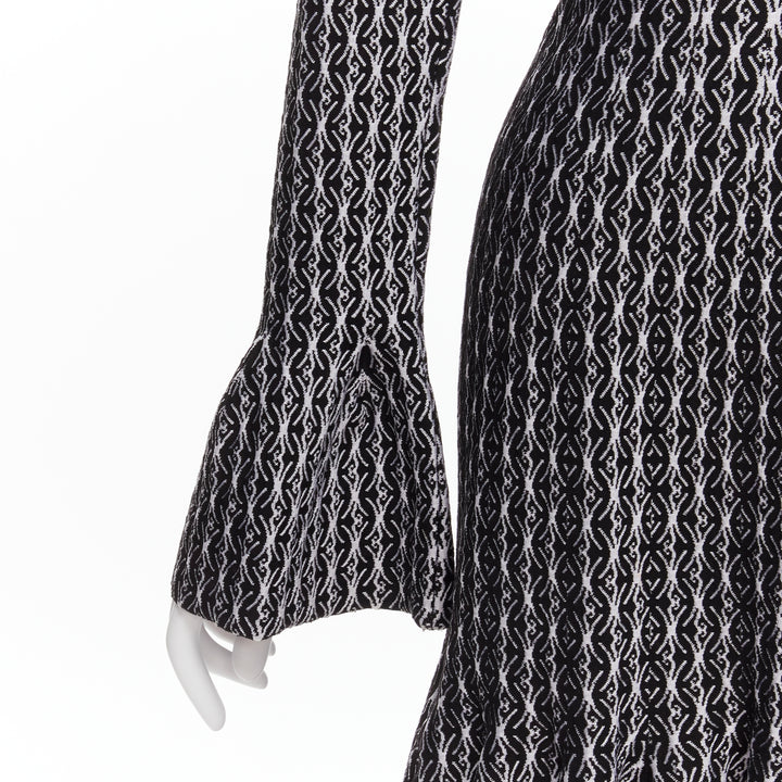 ALAIA black white wool jacquard square neck flared hem cocktail dress FR38 M