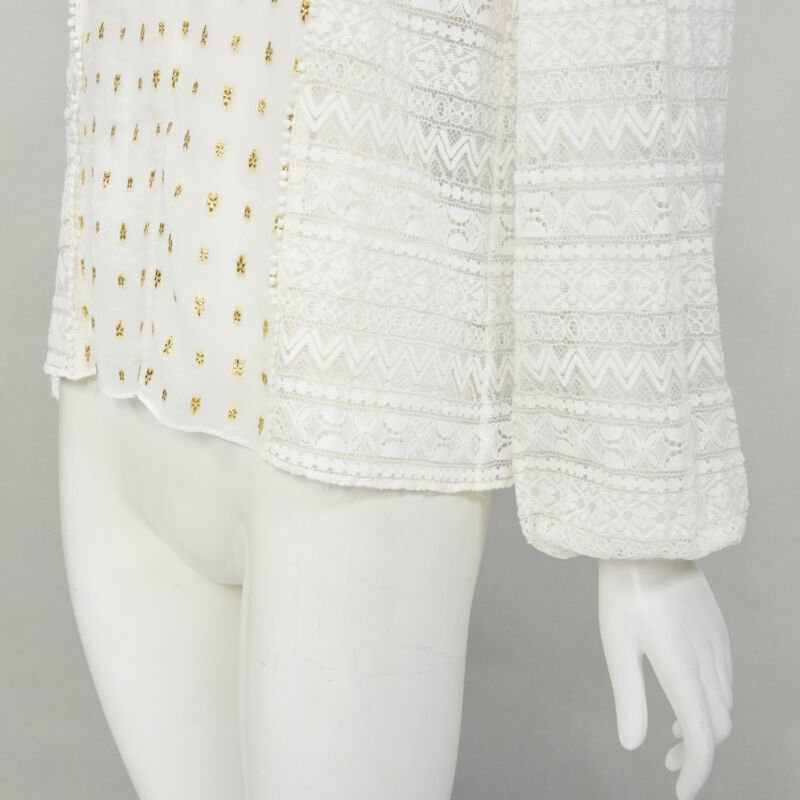 TEMPERLEY LONDON white sheer gold jacquard crochet lace bohemian top US4 S