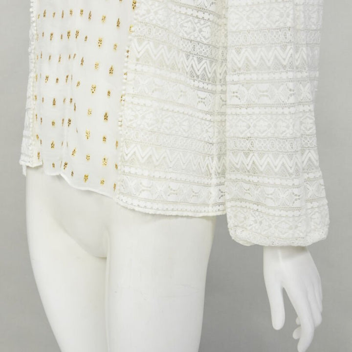 TEMPERLEY LONDON white sheer gold jacquard crochet lace bohemian top US4 S