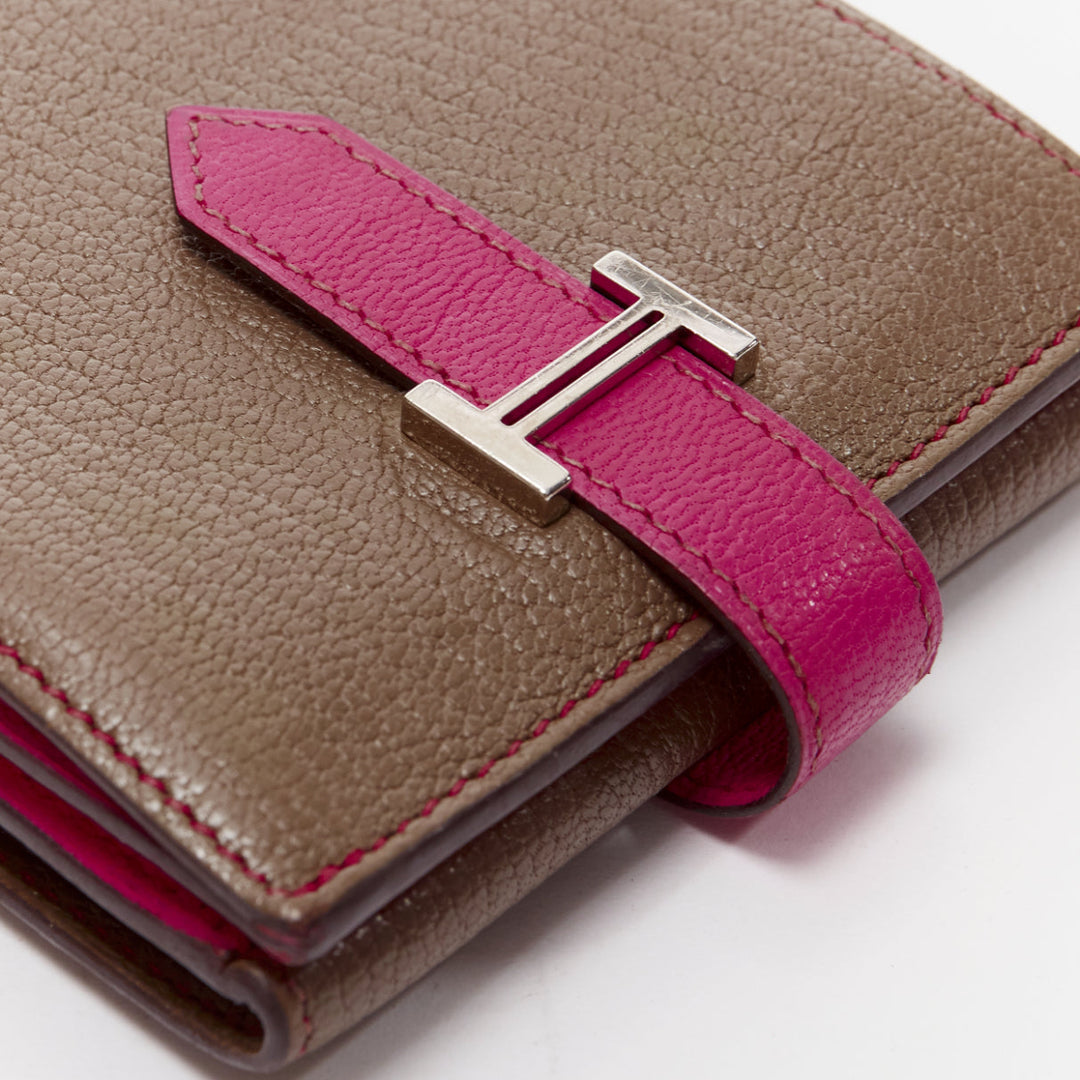 HERMES Bearn brown pink leather H logo strap bifold square wallet