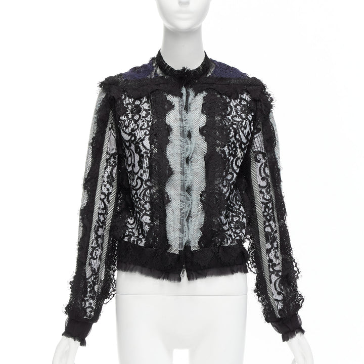 LANVIN blue black intricate lace panels sheer long sleeve jacket FR34 XS