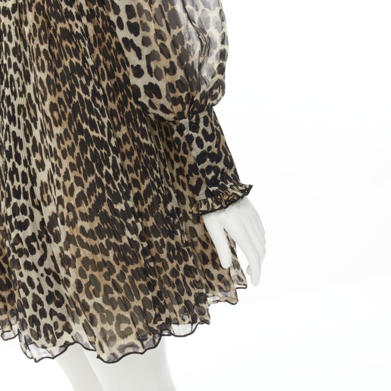 GANNI brown leopard spot print pleated flared babydoll dress FR36 S