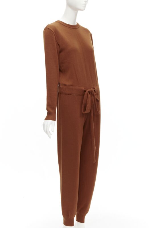 OSCAR DE LA RENTA 2019 100% virgin wool brown drawstring knitted jumpsuit S