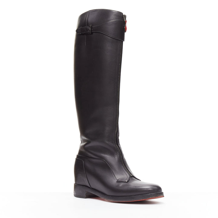 CHRISTIAN LOUBOUTIN black leather zip front concealed wedge riding boot EU37