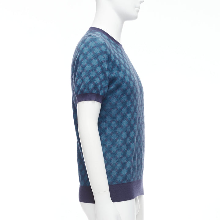 BRIONI silk cashmere blue navy diagonal check short sleeve sweater IT50 L