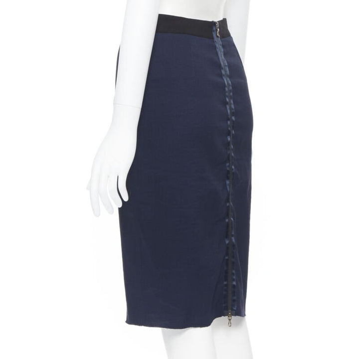 LANVIN ALBER ELBAZ 2014 navy blue linen blend exposed zip pencil skirt FR34 26"
