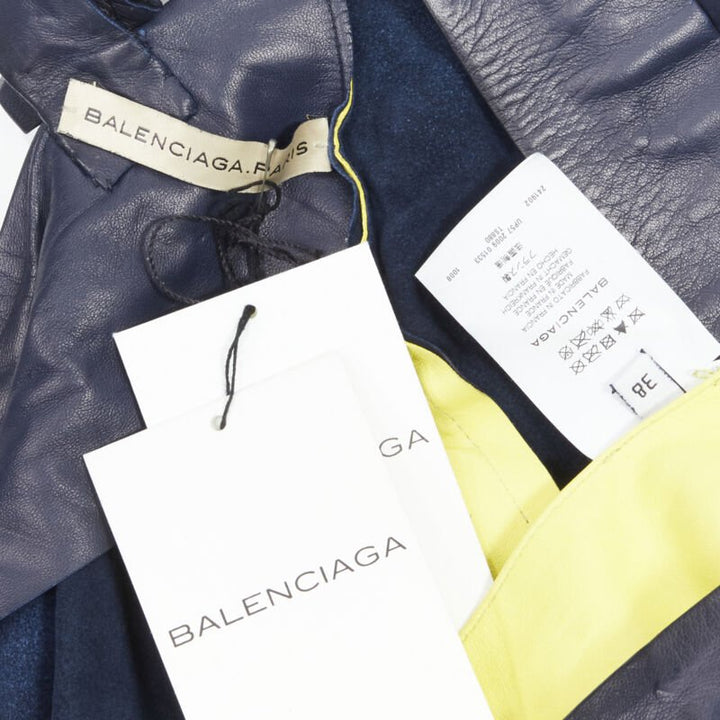 BALENCIAGA 2010 Runway Ghesquiere navy yellow leather pleated top FR38 S