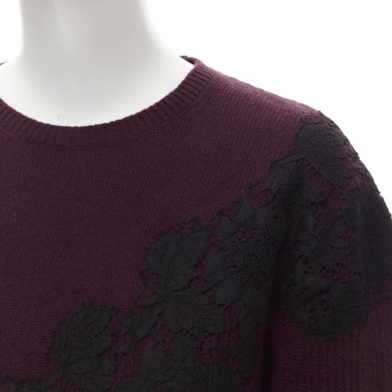 VALENTINO burgundy red virgin wool cashmere black lace applique sweater XL
