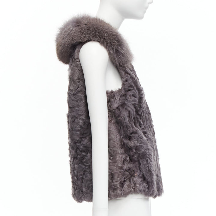 PELLICCISSIMA grey Astrakhan fur collar sleeveless winter vest jacket S