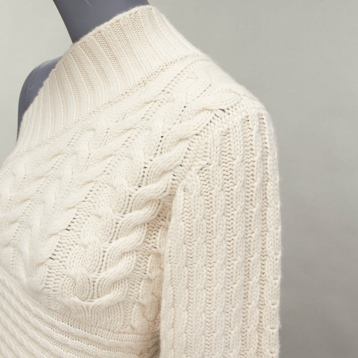 BURBERRY 100% cashmere cream one shoulder mixed cable knit pullover sweater XS