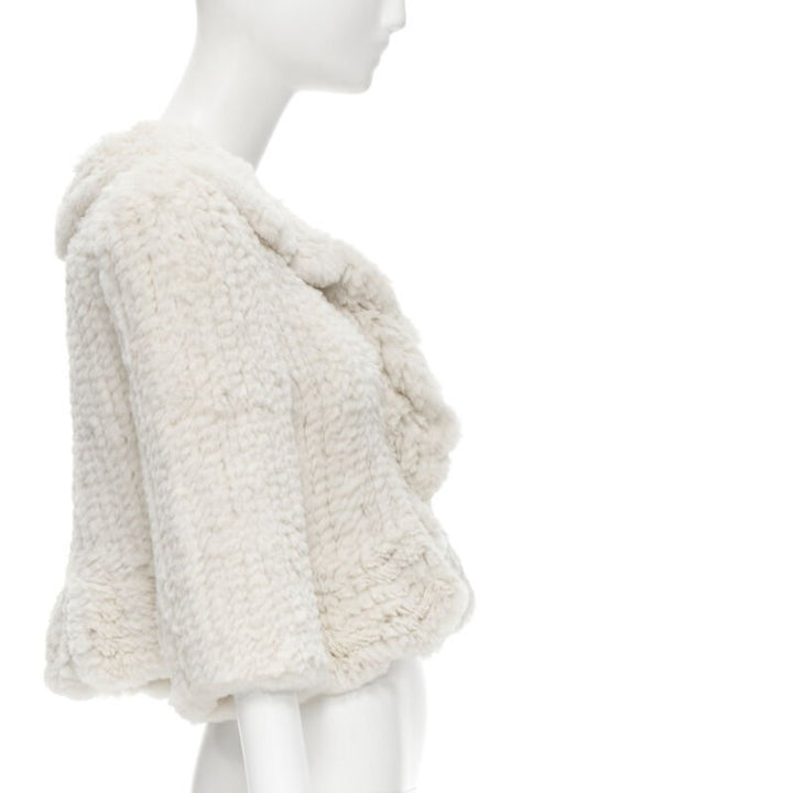 MATTHEW WILLIAMSON beige rabbit fur ruffle collar 3/4 sleeve short jacket UK8 XS