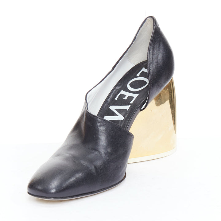 LOEWE gold curved heel black leather slip on heeled shoes EU39