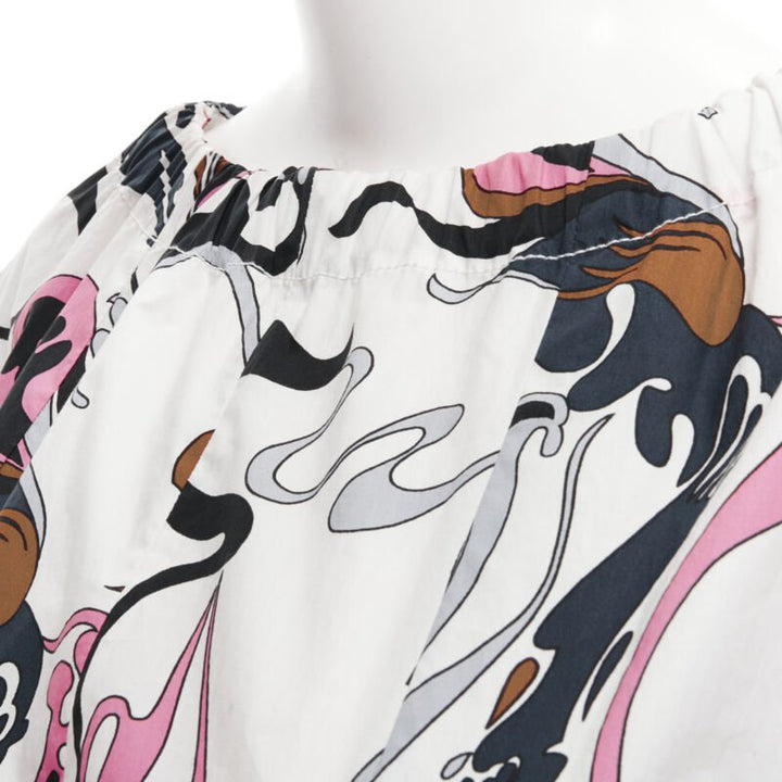 MARNI white navy pink swirl floral cotton boat neck long sleeve dress IT40 S