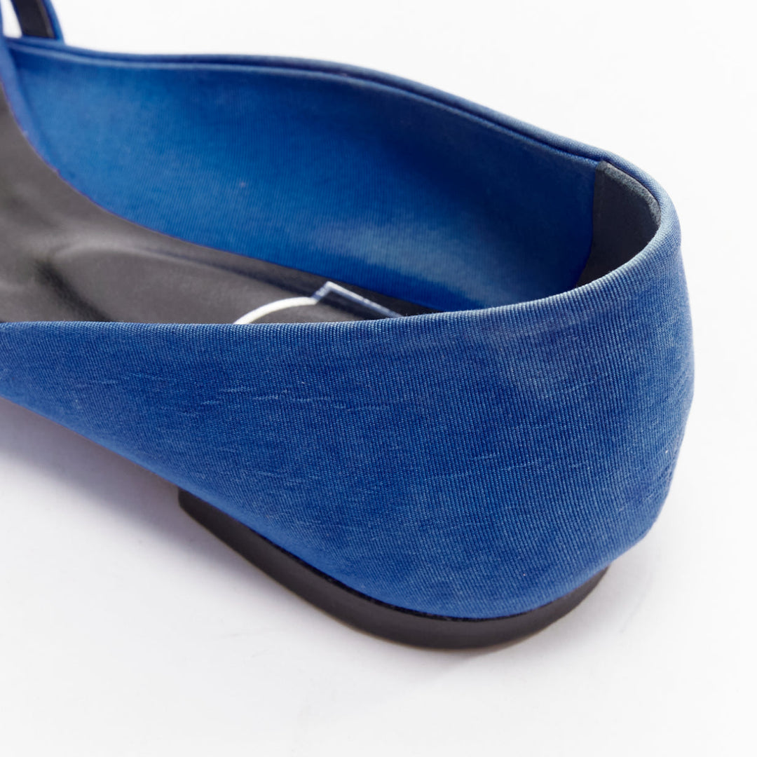 ROGER VIVIER blue satin crystal square buckles woven front pep toe flats EU34.5