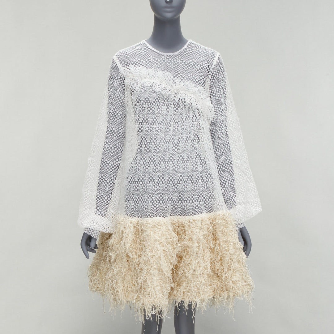 ANAIS JOURDEN 2018 Runway white net beige fringe skirt dress FR38 M