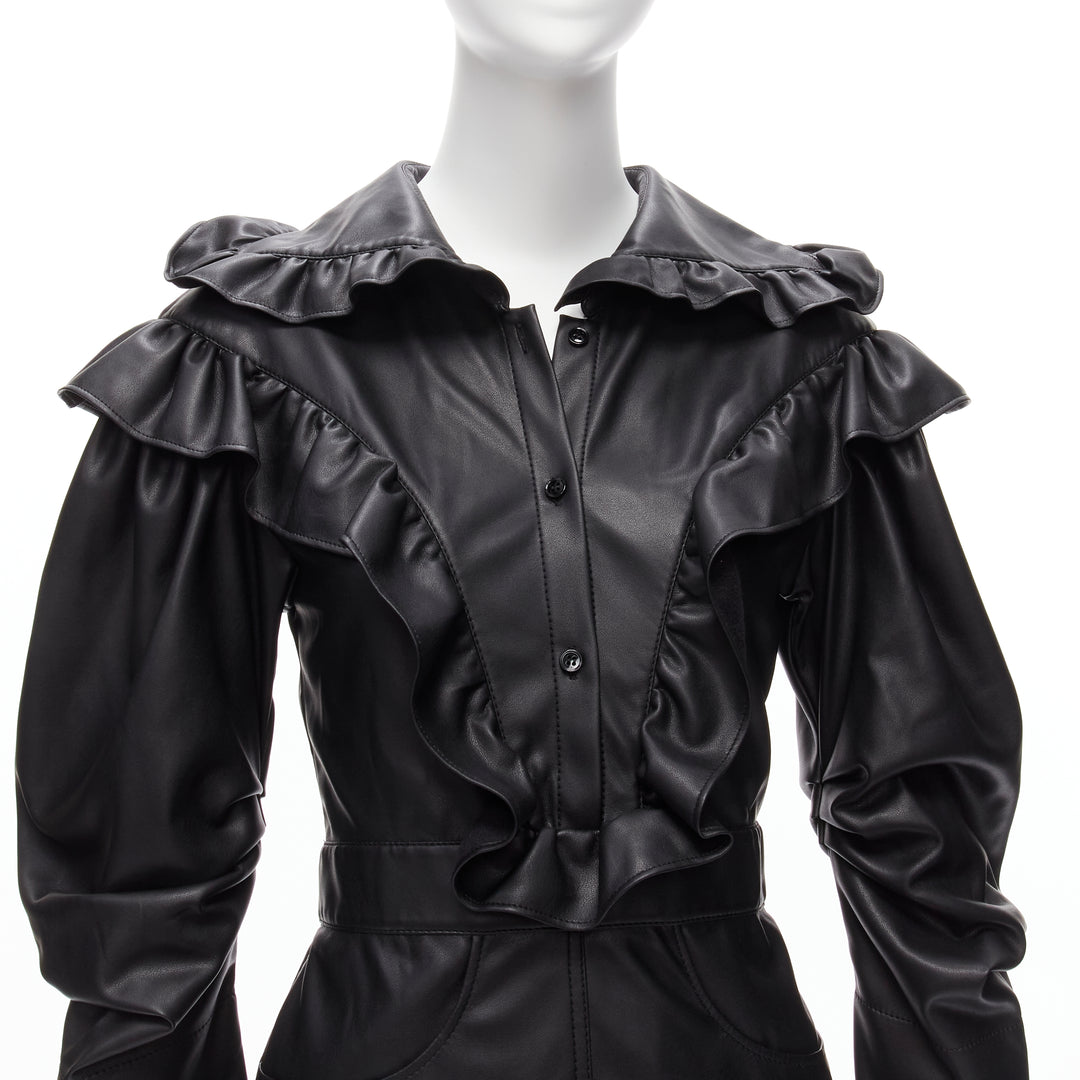 PHILOSOPHY DI LORENZO SERAFINI black faux leather Victorian ruffle dress IT38 XS