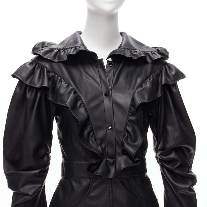 PHILOSOPHY DI LORENZO SERAFINI black faux leather Victorian ruffle dress IT38 XS