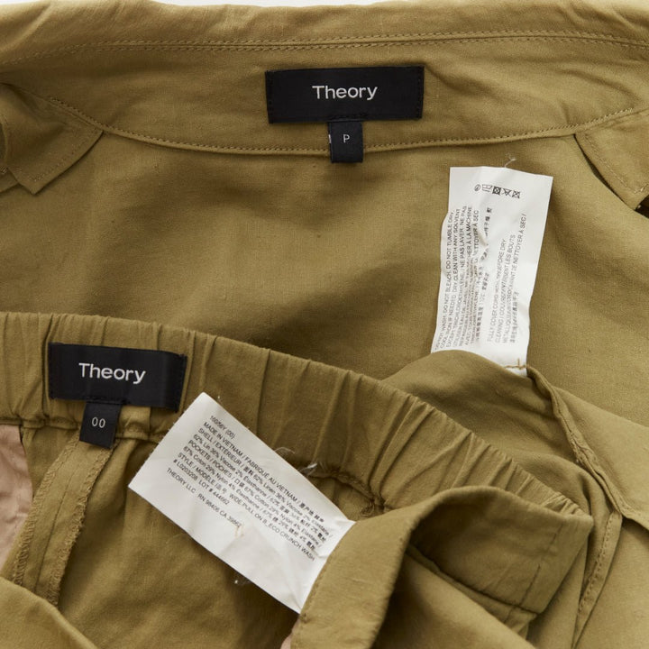 THEORY olive green linen blend tie belt relaxed jacket wide leg pants set US0 XS
